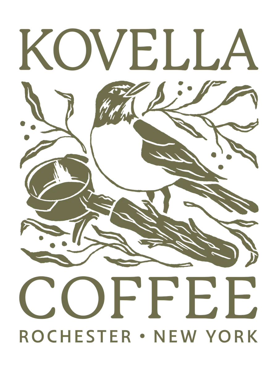 Illustration of a robin perched on an espresso portafilter among willow sprigs